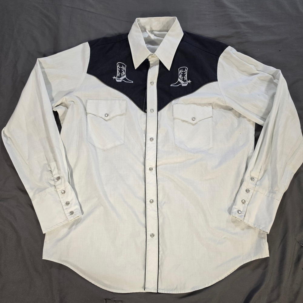 Vintage Western Scully Pearl Snap Shirt Embroidered Cowboy Boots Black White XL